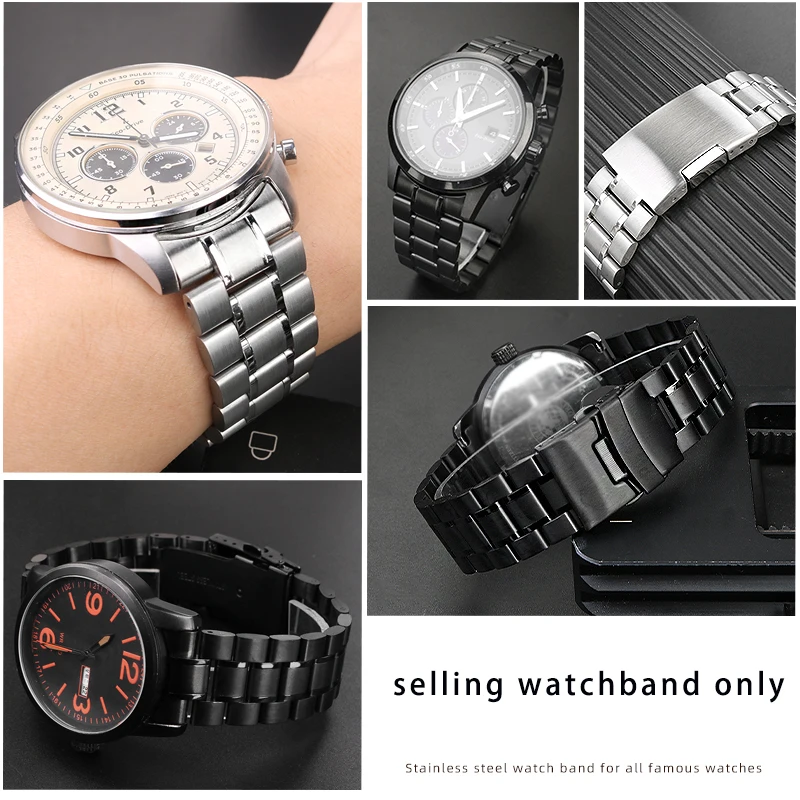 Black Precision Steel Watch strap for Armani Black Knight for Citizen for Casio Watchband 20 22mm Curved Bracelet for Men chain