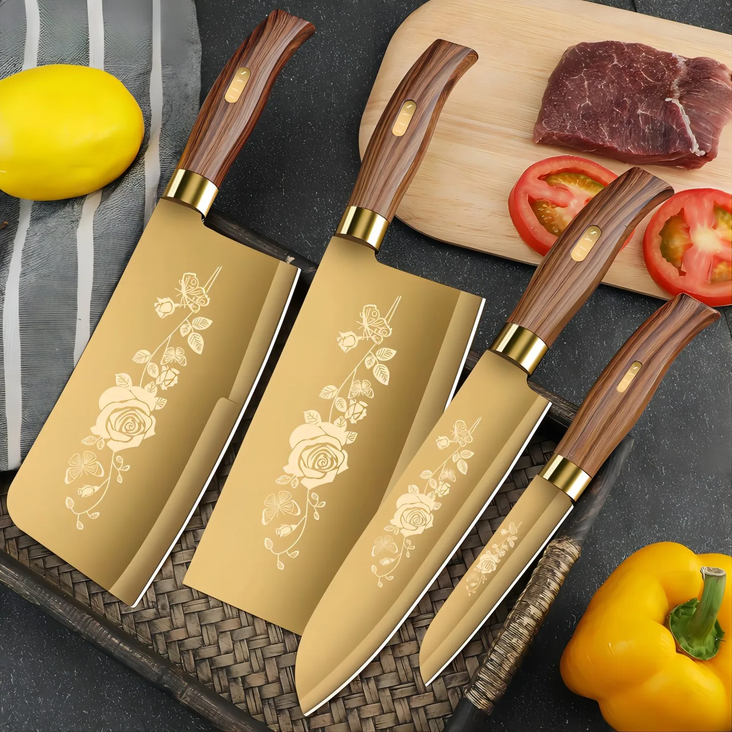 Meat Cleaver Kitchen Knife Seiko Stainless Steel Knife Tool With Gold Titanium Plated Chef'S Knife Kitchen Butcher Kitchen Knife
