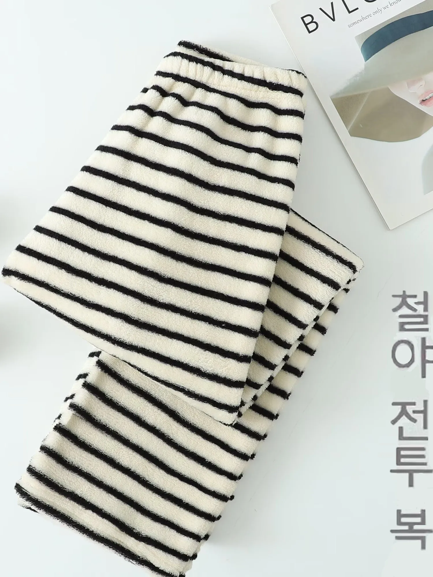 

Thick Coral Fleece Home Clothes Long Pants Comfortable Striped Loose Walking Pants Straight Leg High Waist Elastic Waistband