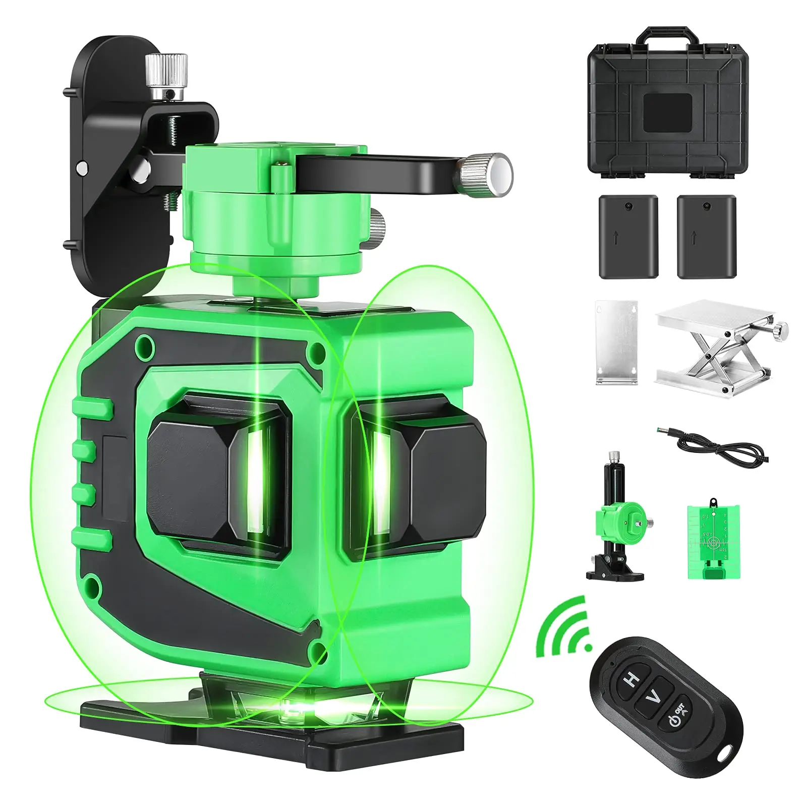 3D Laser Level Green Switchable 3X 360 Cross Line 12 Lines Self Leveling 2 Rechargeable 6000mAh  Battery with Target Plate