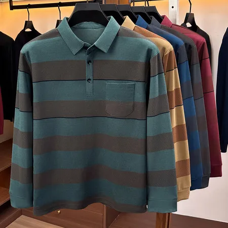 Einfaches Herren-Poloshirt mit langen Ärmeln, Kragen, Brusttasche, Knopfleiste, für Büro, Frühling, Herbst, Freizeit. – Detail 8