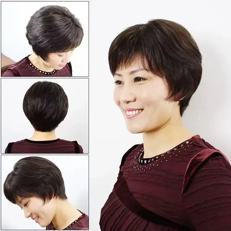 Parrucca asiatica corta diritta per capelli umani per donne di mezza età e anziane Parrucca realistica e naturale Aumenta rapidamente il volume dei capelli