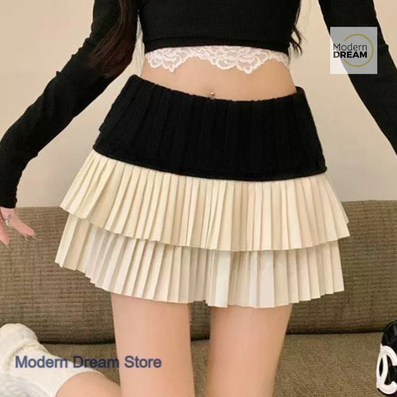 French lace pleated skirt women's autumn and winter new sweet and fashionable contrast high waist slim skirt A spice girl skirt