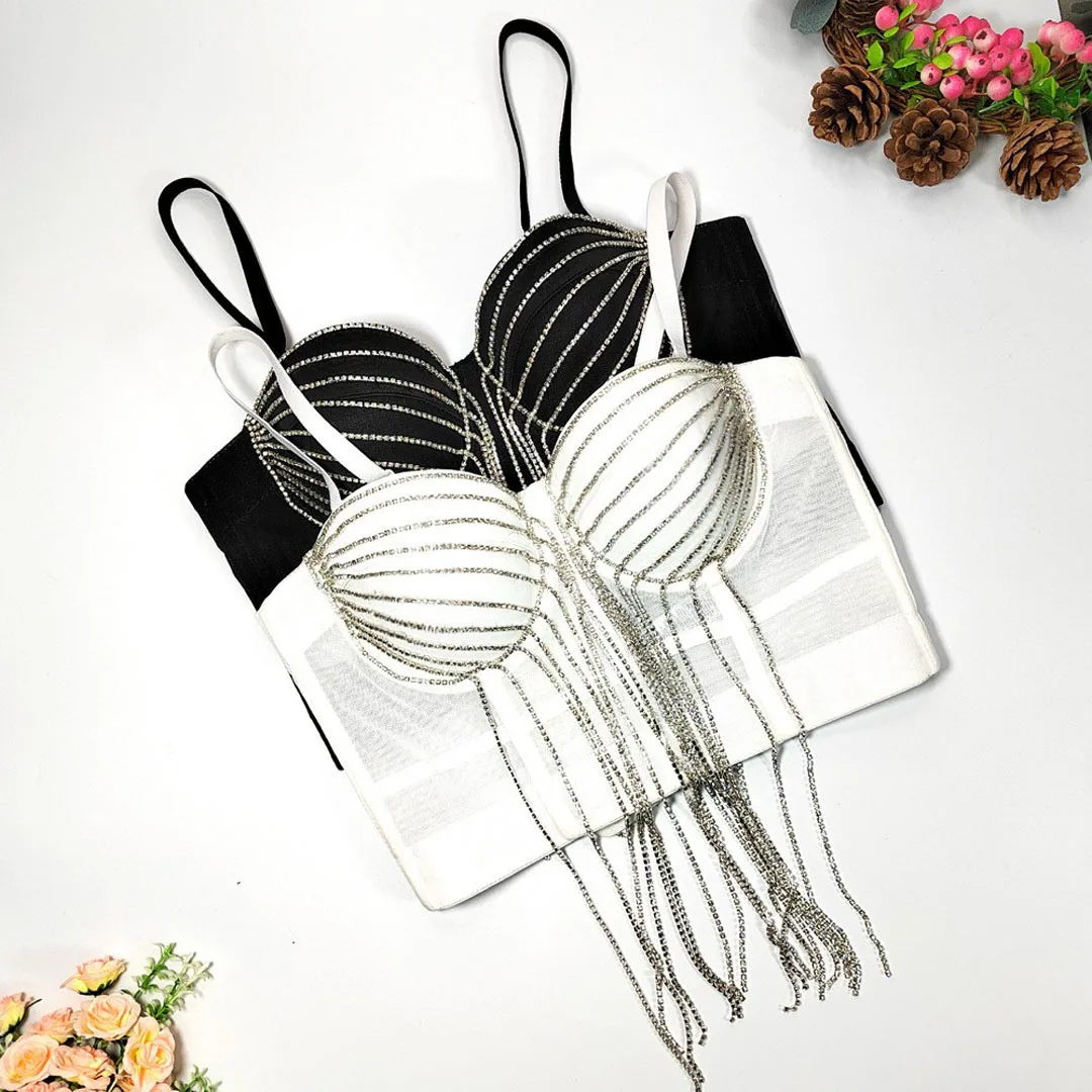 Fishbone Bra With Diamond Chain Fringed Sling Vest Thin Solid Color Mesh Spice Girl Tube Top Women Removable Shoulder Strap