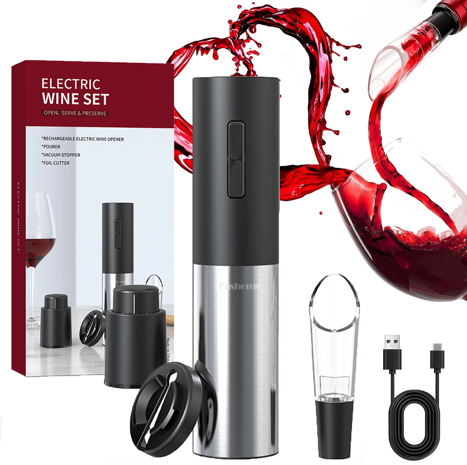 

Electric Bottle Opener Set For Gifts USB Rechargeable Automatic Wine Corkscrew with Foil Cutter, Vacuum Stopper Kitchen Tools