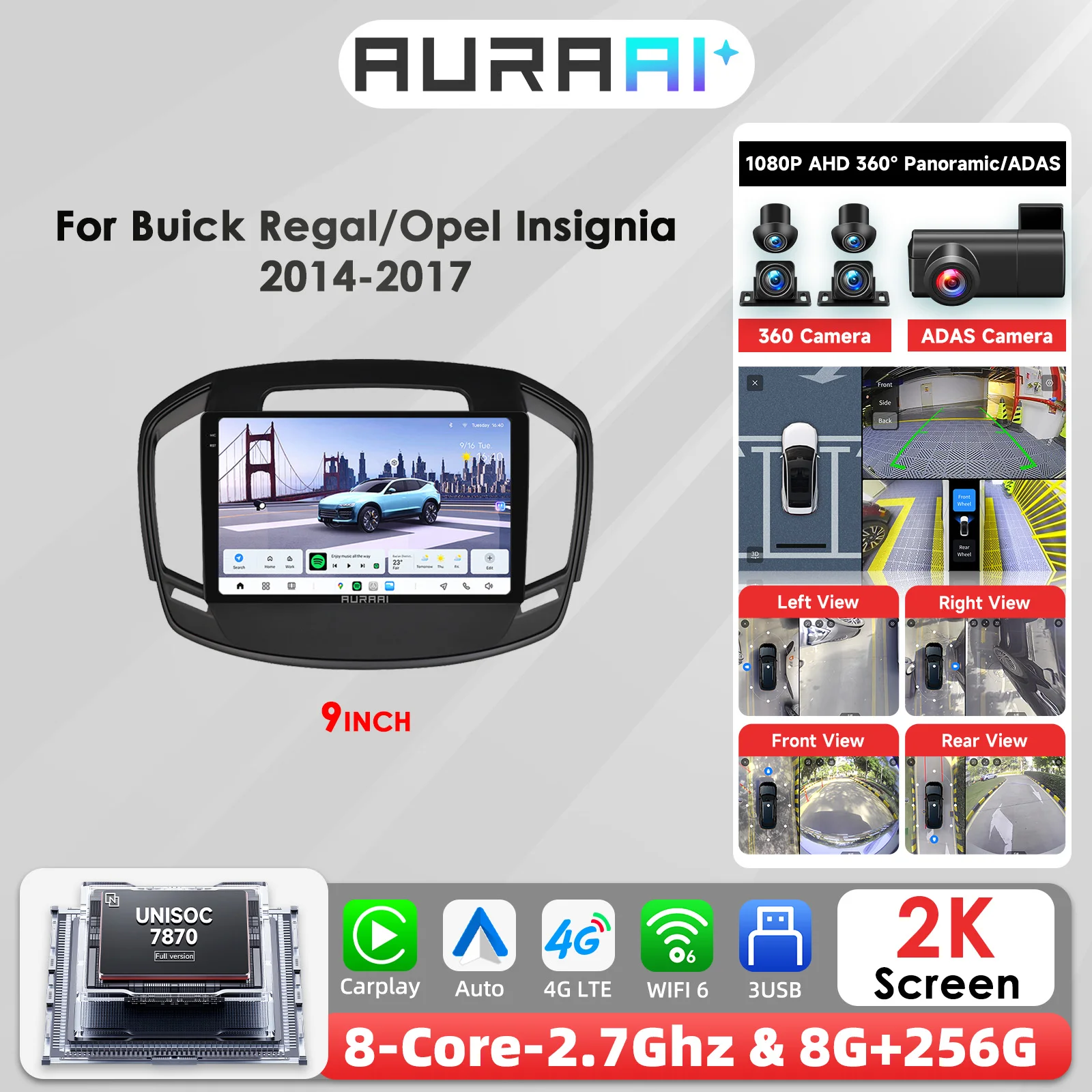 Autoradio Android 8 cœurs Carplay pour Opel Insignia 2014 - 2017 Buick Regal multimédia écran intelligent 2K GPS ADAS+360 caméra