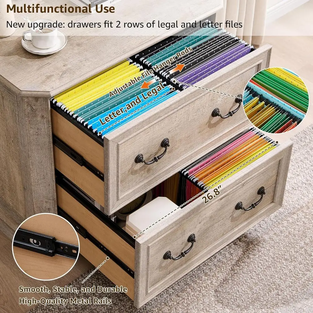 Large 2-Drawer Wooden Lateral File Cabinet with Smooth Glide Rails, Letter/Legal Filing, Rustic Oak Finish