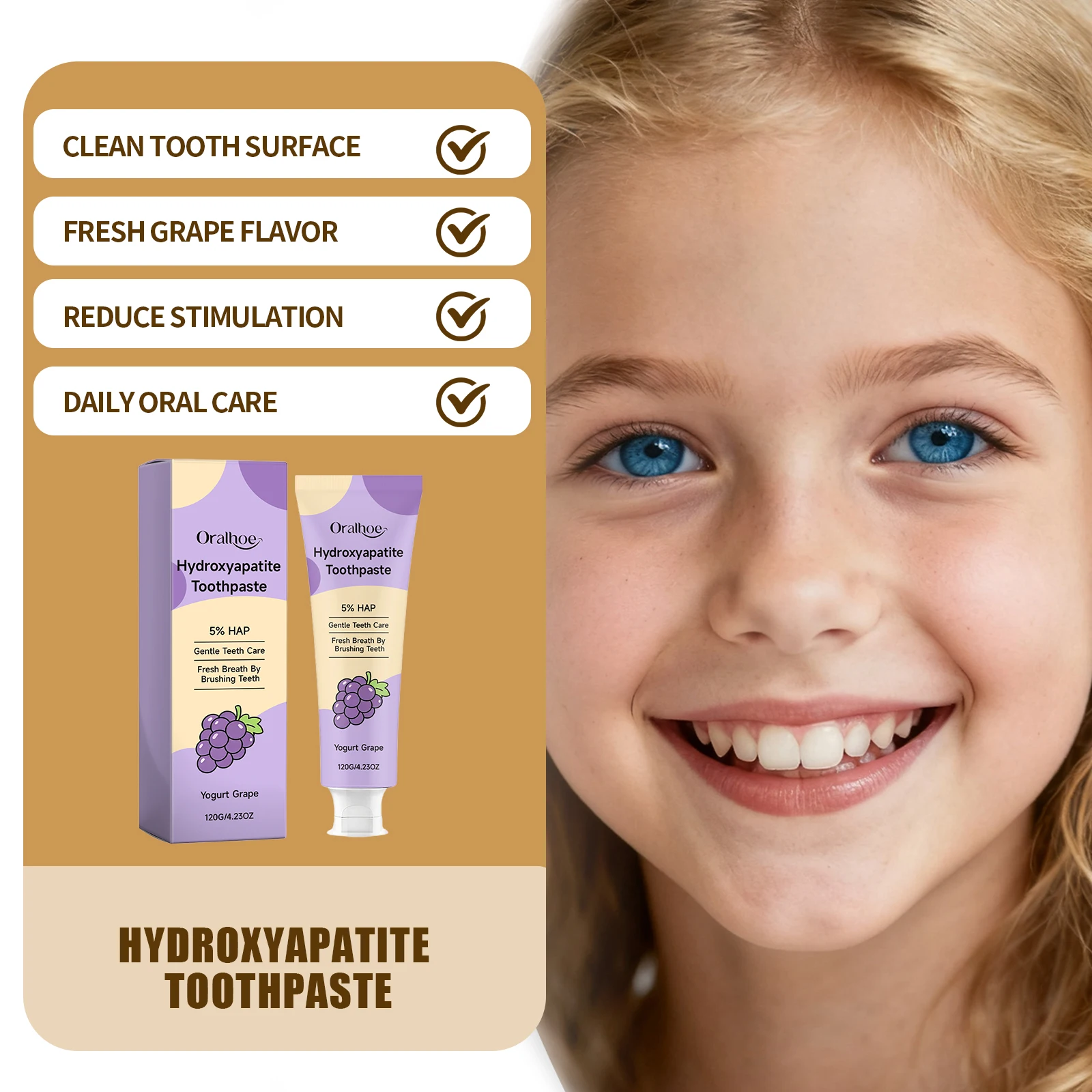 Children's Whitening Toothpaste 5% HAP Formula Yogurt Grape Flavor Soft Cleansing Protect Enamel Hydroxyapatite Kids Toothpaste