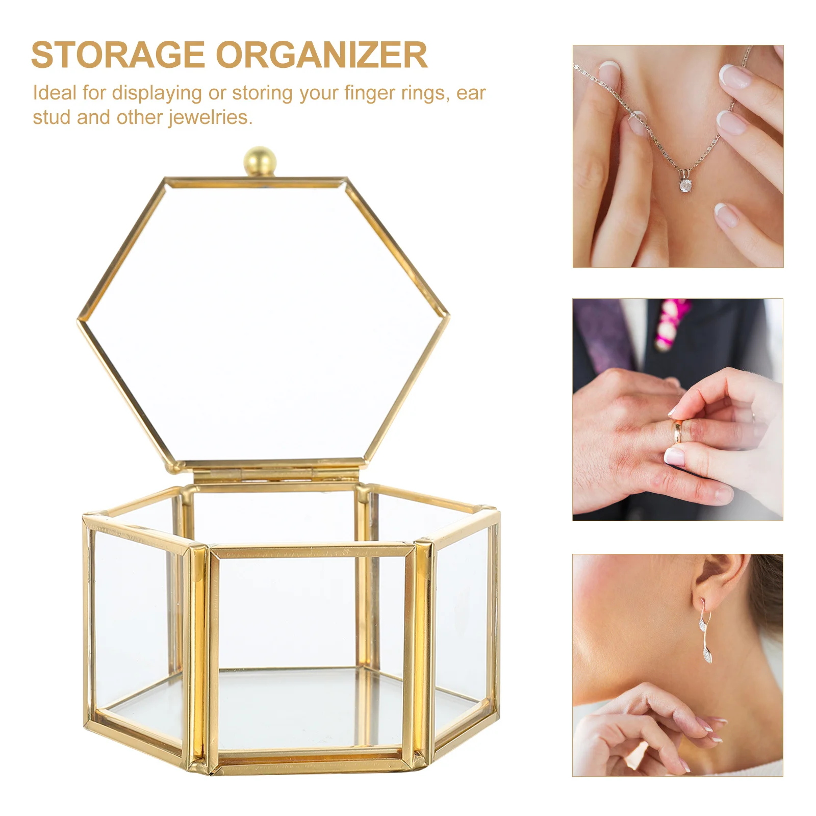 

1Pcs Elegant Hexagon Shaped Jewelry Organizer Box Transparent Acrylic with Metal Frame for Ring Earring Necklace Bracelet