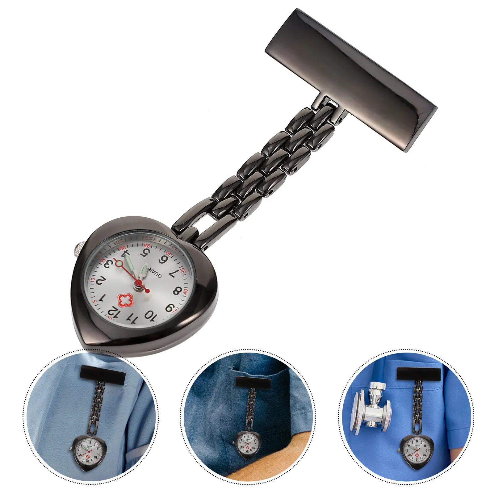 

1 шт. Стильные карманные часы в форме сердца из сплава для медсестер, инкрустированные стразами, с клипсой для крепления на нагруди, надежная фиксация, большие, цветные, с цветовой кодировкой