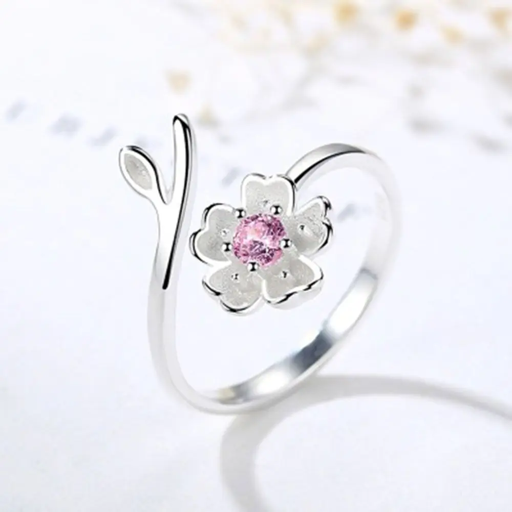 Light Luxury Open Finger Ring Temperament Adjustable Cherry Blossom Cuff Ring Pink Rhinestone Elegant Cherry Blossom Finger Ring