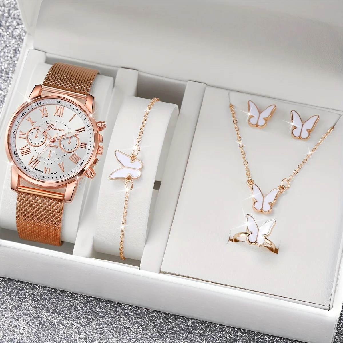 

6pcs/set Women's Casual Fashion Quartz Watch Analog Roman Numerals Wrist Watch & Butterfly Jewelry Set, Gift For Mom Her