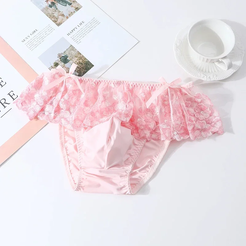 Sexy Men's Lace Shiny Pouch Bag Briefs Sweet Pink Male Gay Underwear Japanese Style Mid Waist Breathable Panties Briefs
