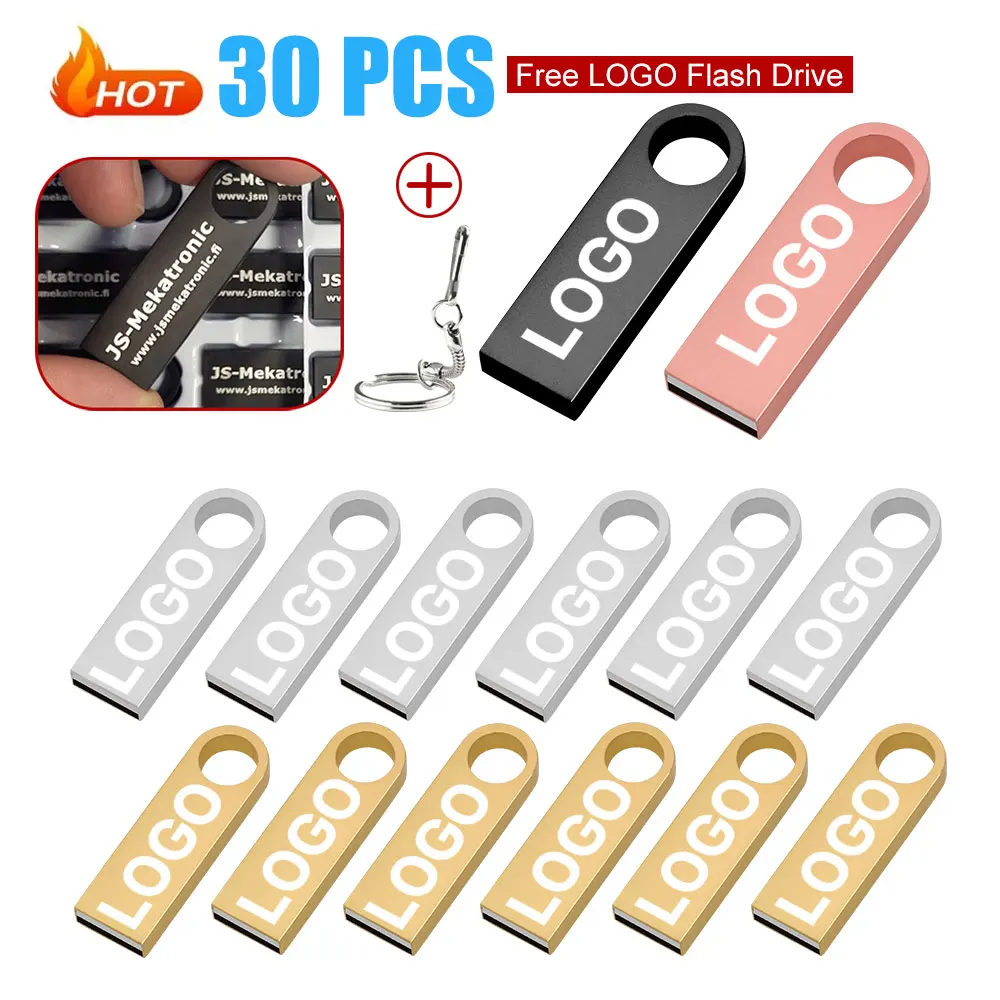 

30pcs/lot Metal 2.0 Flash Drives 128GB High Speed Pen Drive 64GB 32GB with Key Chain Memory Stick 16GB Creative Gift USB Stick