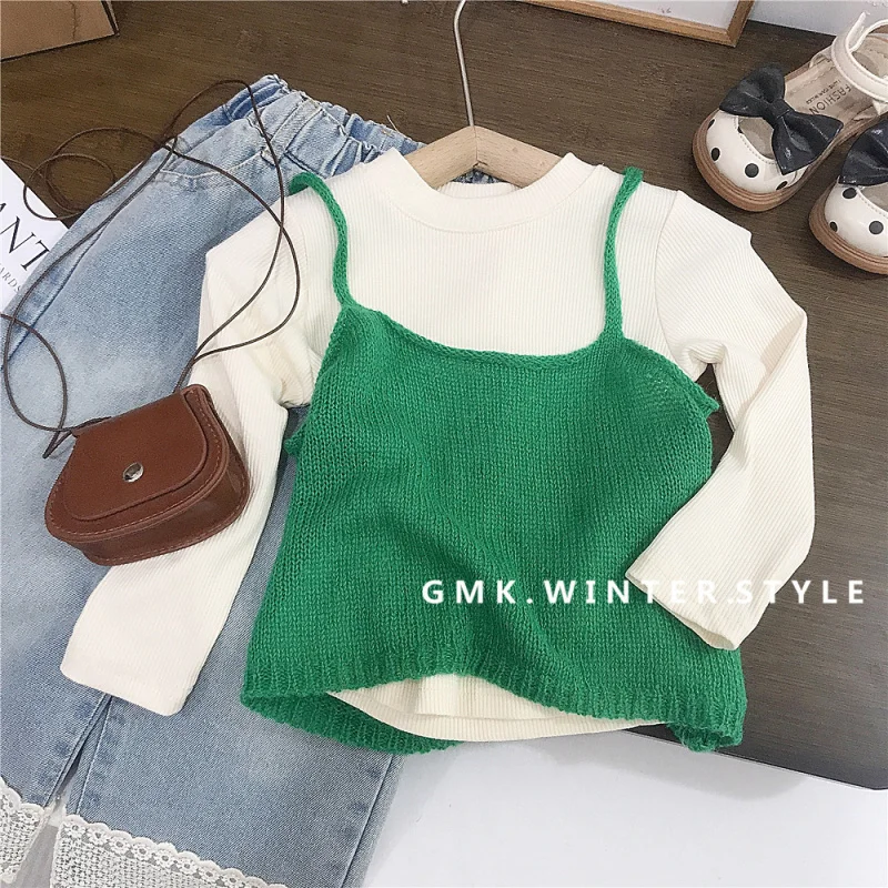 Girls' Layered Knitted Camisole Korean Style Sweater Children's Ribbed Base Shirt Baby Lace Jeans Trendy