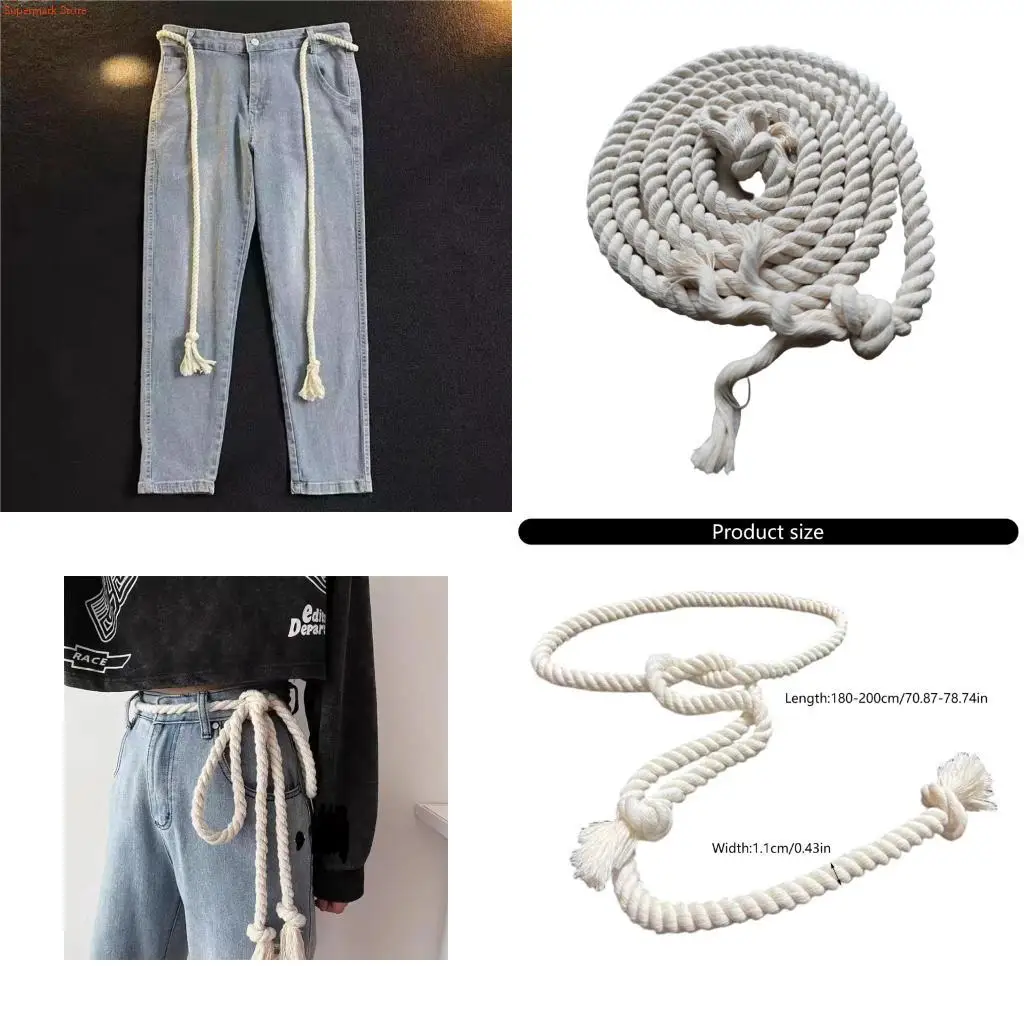 Q5WE Retro Cotton Linen Braided Rope Belt Adjustable Waistband Sash for Jeans Casual Outfits Youthful Unisex Design