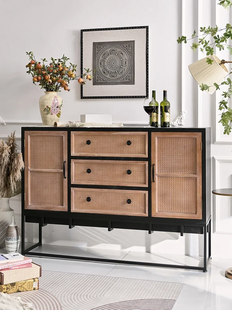 

American retro solid wood entrance cabinet, living room entry rattan decorative wabi locker, dining side