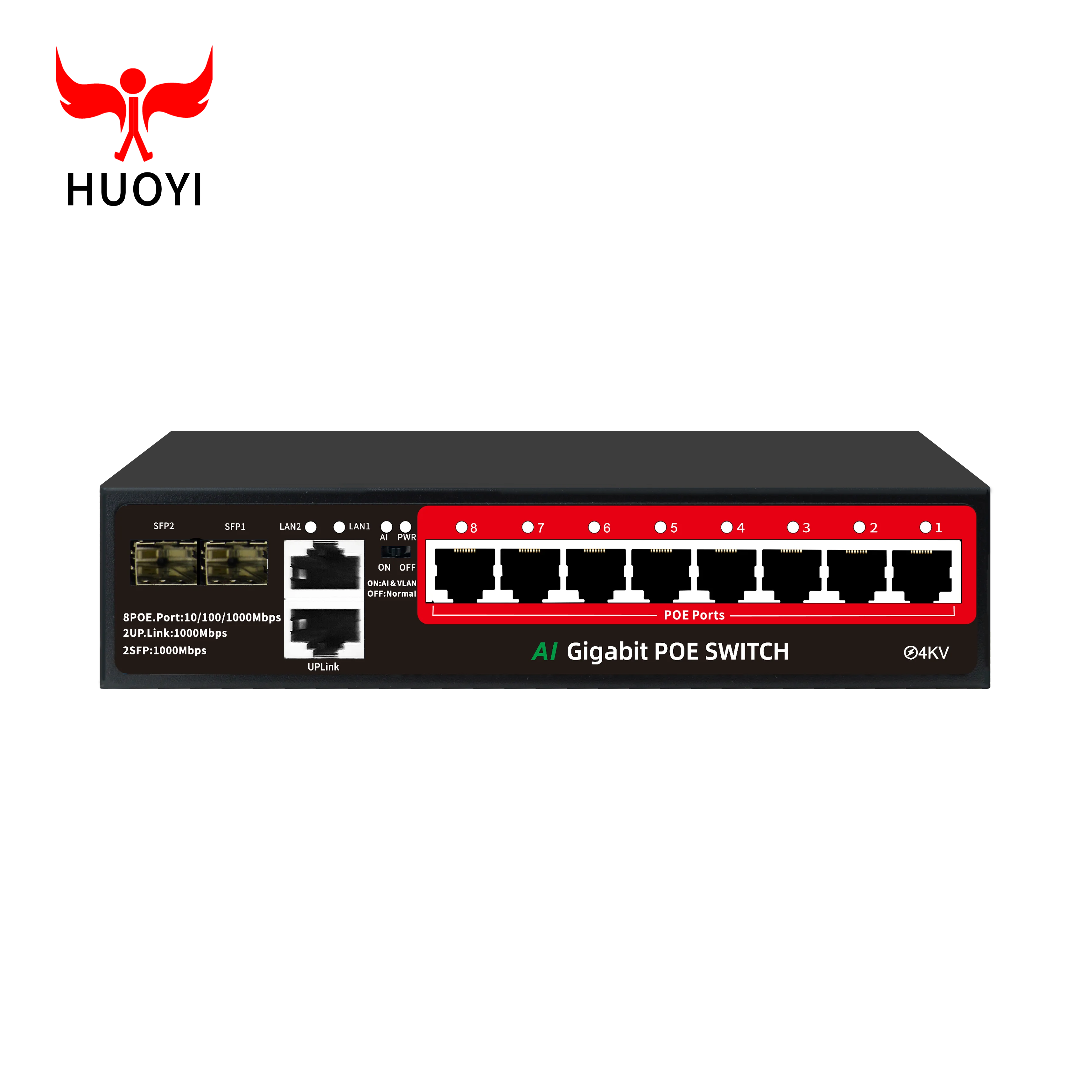 AI PoE Switch 8 Ports Gigabit 1000Mbps PoE +2 Gigabit Uplink Ports with 2 Sfp Port Support Short Circuit Protection