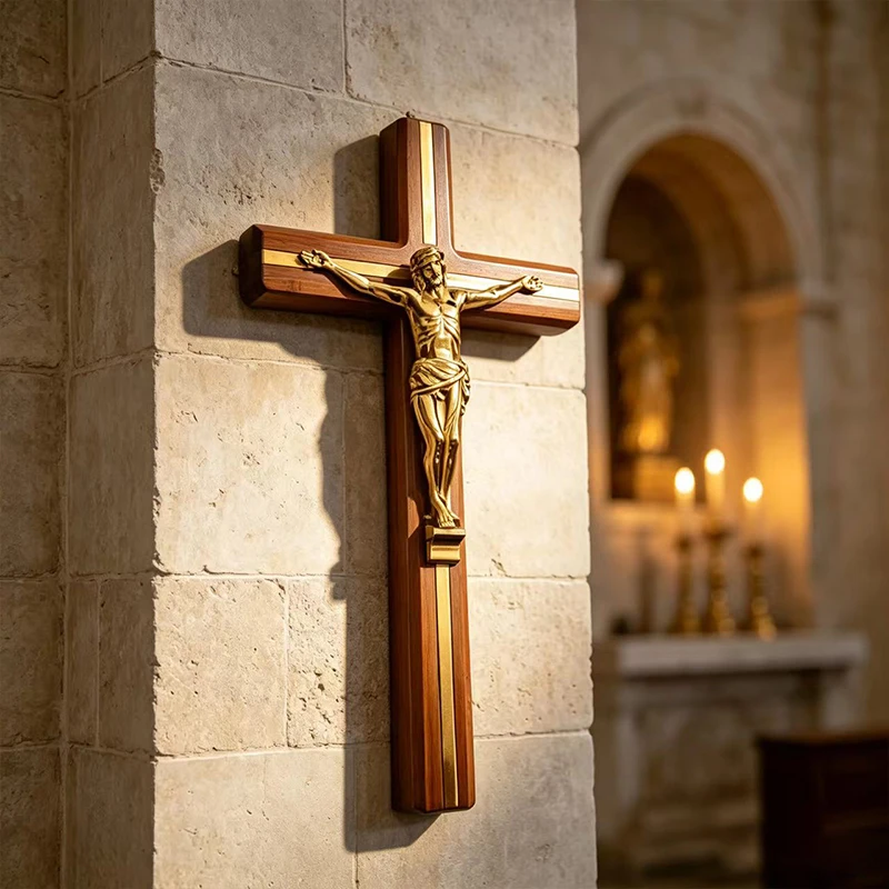 Exquisite Solid Timber Orthodox Wall Crucifix Gold Vertical Strip Inlay Jesus Sculpture Retro Craft Cathedral Family Prayer Room