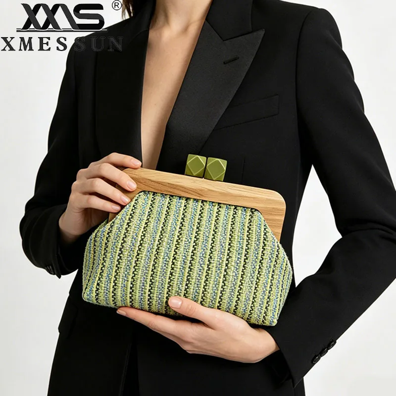 New Colorful Striped Straw Clutch Bag For Women, Fashion Wooden Clip Shell Bag Lady Chain Shoulder Crossbody Weave Beach Bag Ins