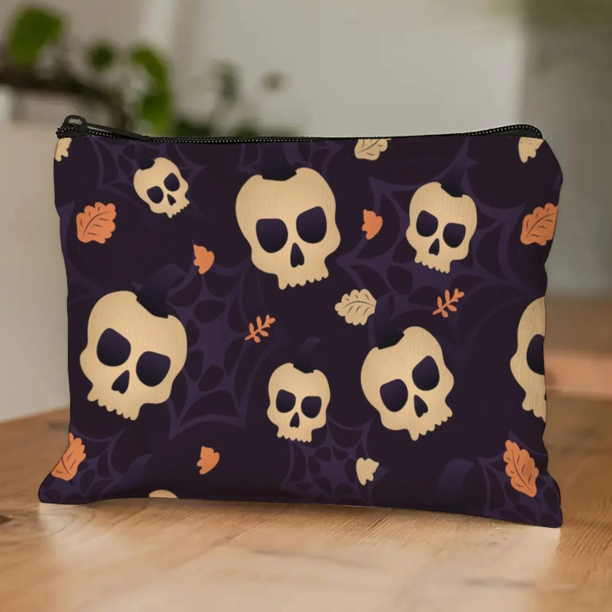 Halloween Theme Cosmetic Pouch Bag Skulls Autumn Leaves Spider Webs Patterns Durable Canvas Foldable Ideal Daily & Travel Gift