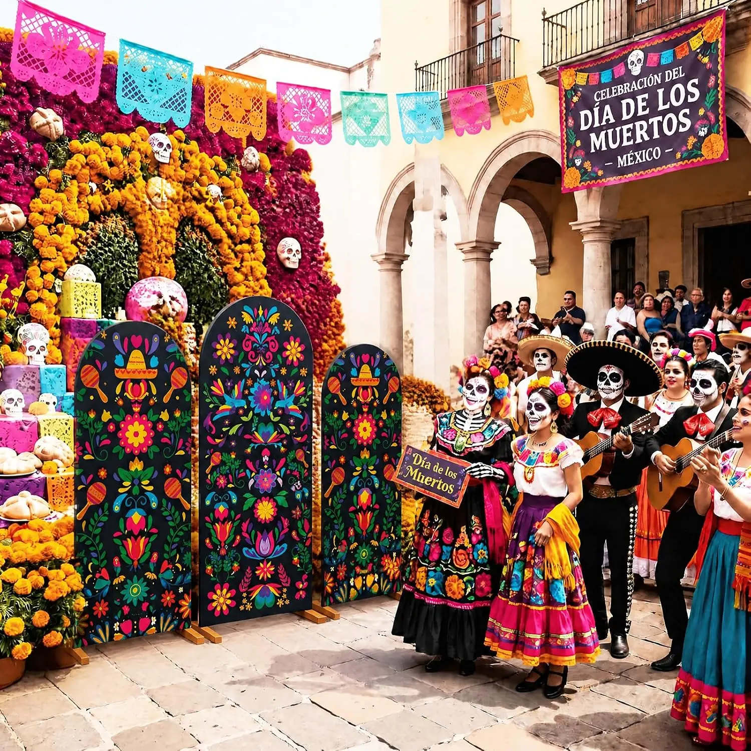 Custom 2-sided Mexico Day of the Dead Arch Backdrop Cover Colorful Flower Dia De Los Muertos Mexican Fiesta Party Background
