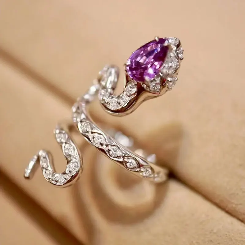 925 sterling silver new exquisite full diamond snake shaped ring, dazzling purple crystal, fashionable women's jewelry gift