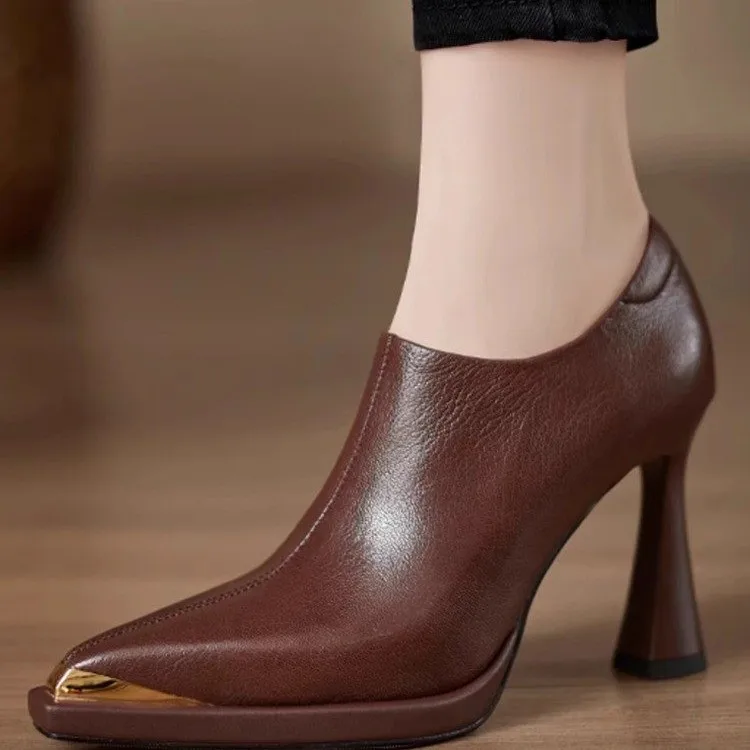 New Style Fashion Women's Single Shoes with Heels Metal Pointed Toe Thin Heels Deep Mouth Side Zipper Shoes Retro High Heels