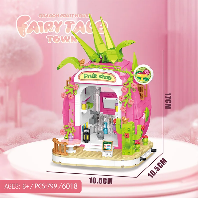 Creative City Street View Town Building Brick Dragon Fruit Shop House Mini Block Construction Toys With Light For Kids Gift