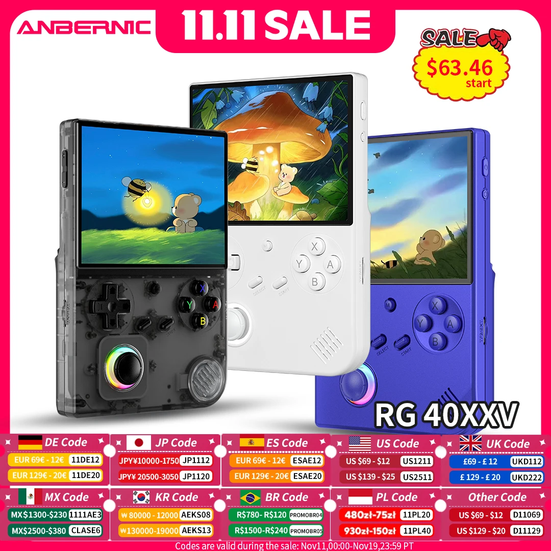 ANBERNIC RG 40XXV Console di gioco portatile retrò Schermo IPS da 4.0 pollici 640*480 Sistema Linux 64bit con luce RGB Scheda 64G 5000+ giochi