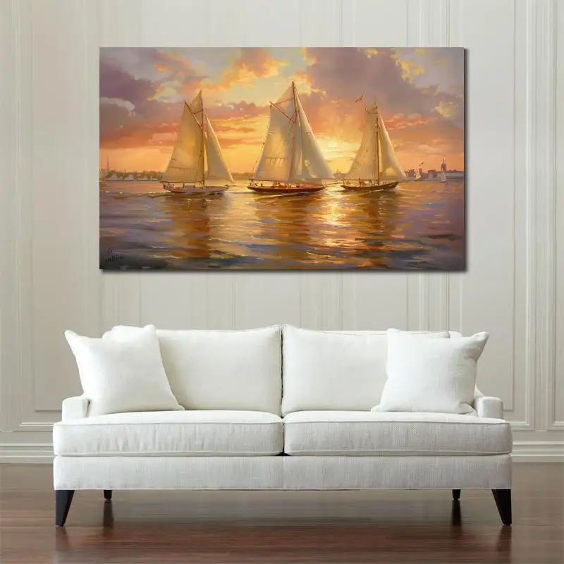 Textured Seascape Canvas Art Sailboats in Sunset Handmade Abstract Oil Painting Artwork Family Room Office Modern Decor Large