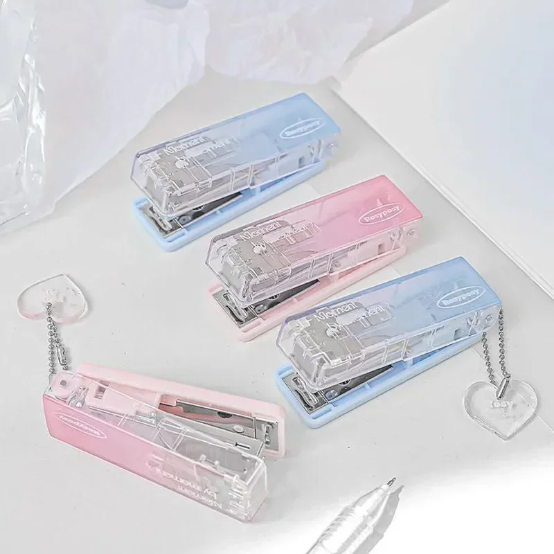 1 Piece Mini Stapler Staples Set for Student Transparent Gradient Color Solid Stapler with Pendant Portable Binding Supplies