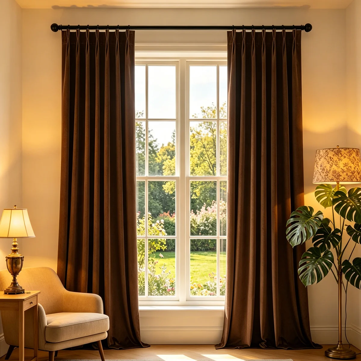 2 Panels Deep Brown Velvet Pinch Pleat Curtains, American Vintage Blackout Drapes for Living Room & Bedroom