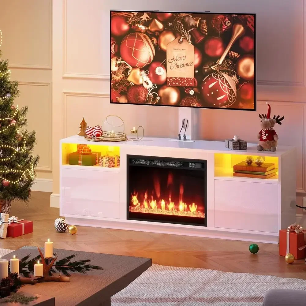LED Lighted TV Stand with Power Outlets, Electric Entertainment Center, Swivel Mount for 45-65 TVs, White Height-Adjustable TV S