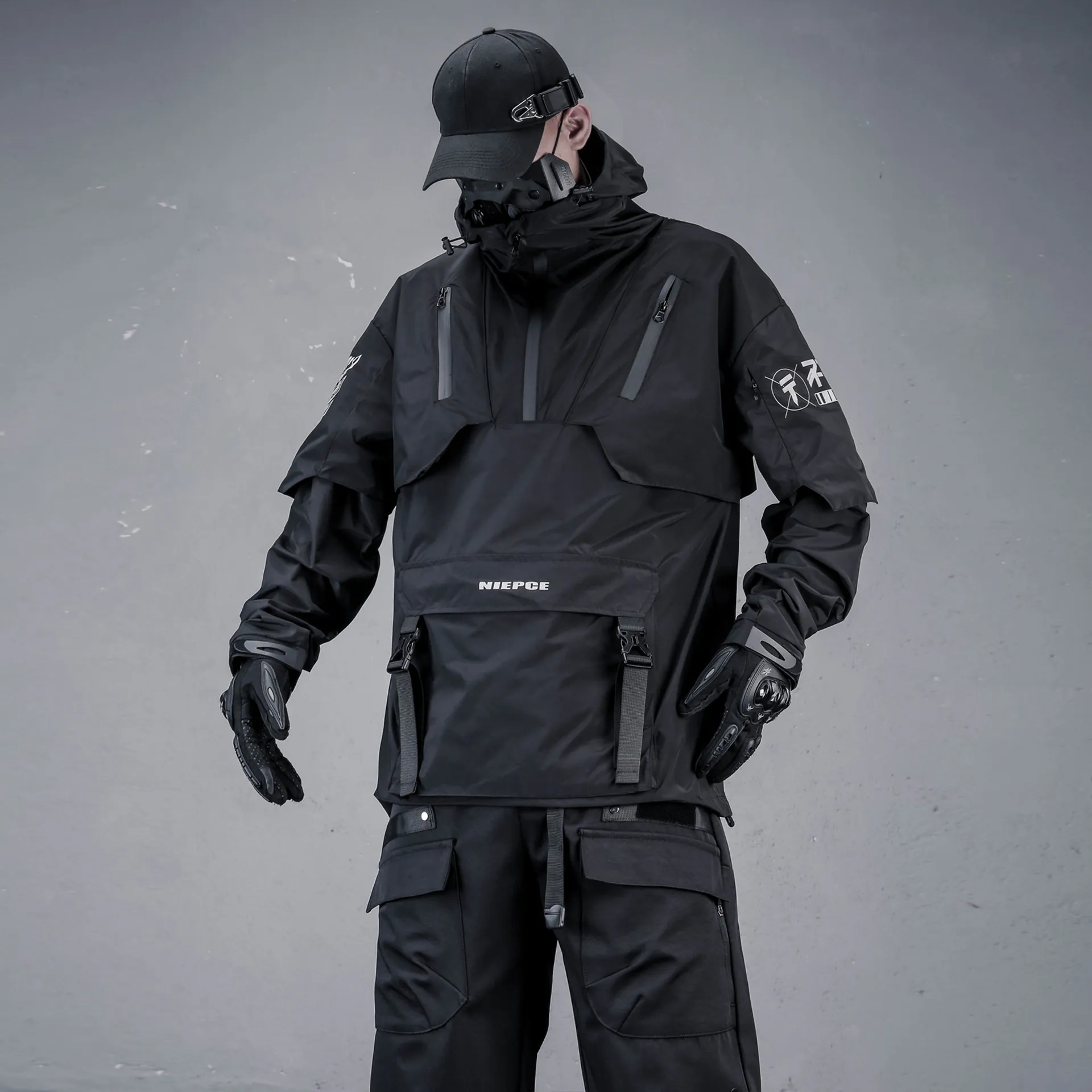 Niche Mech Deconstruction Design Techwear Large Pocket Hoodie Coat Men  Workwear Fake Two Pieces Jacket