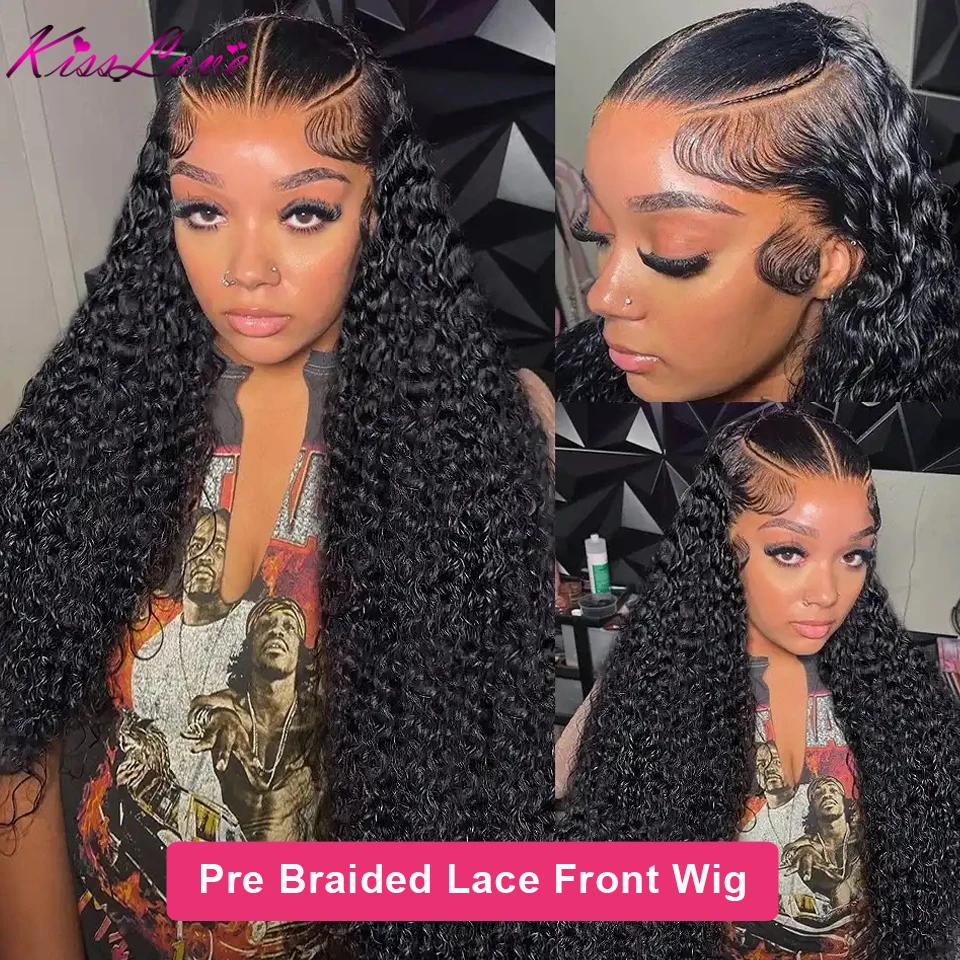 KissLove Deep Wave Pre Braided Lace Front Wig Ready To Go Wigs Invisible HD Lace Frontal Wig Human Hair Pre Everything Done Wigs