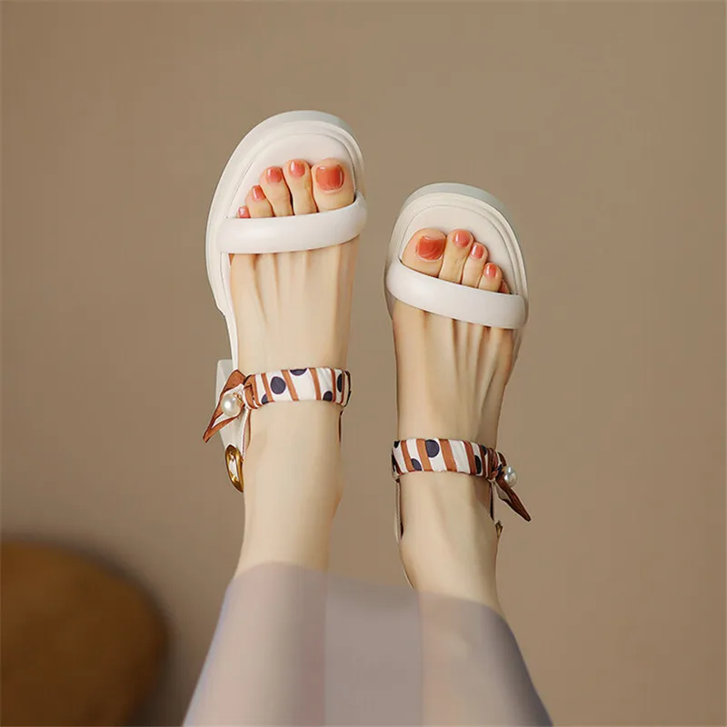 New Women Sandals Cow Leather Open Toe Sandals French Retro Summer Shoes for Women Round Toe Platform Shoes Women High Heels