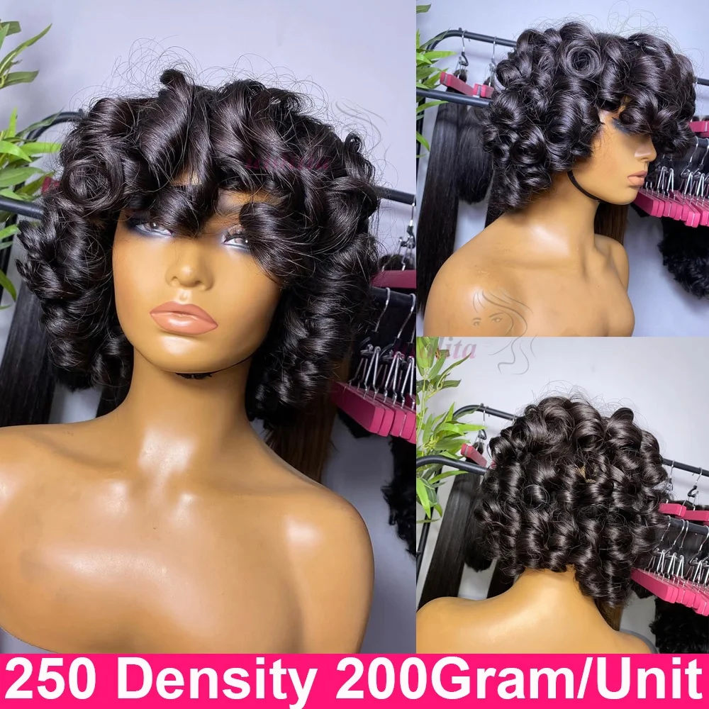 

Fumi Curly Human Hair Wigs Fringe Wig Pixie Cut Rose Curly Cheap Full Machine Wigs Egg Curl Short Bob Wig With Bangs 250 Density