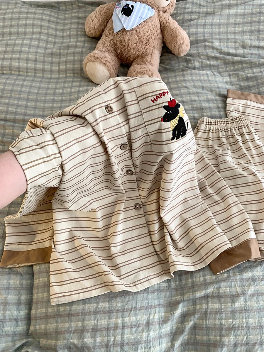 2026年新作漫画柄ストライプドッグ純綿ナイトガウン-レディース-春秋涼感超ソフトホームウェア-ラウンドネック-アウトドアウェア