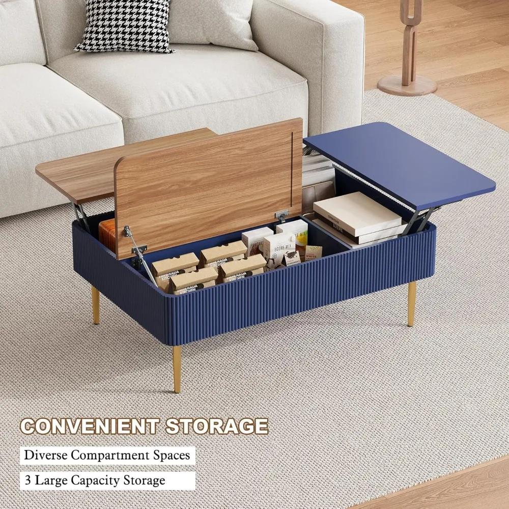 Modern Dual-Lift Storage Coffee Table with Fluted Wood Design and Hidden Compartment