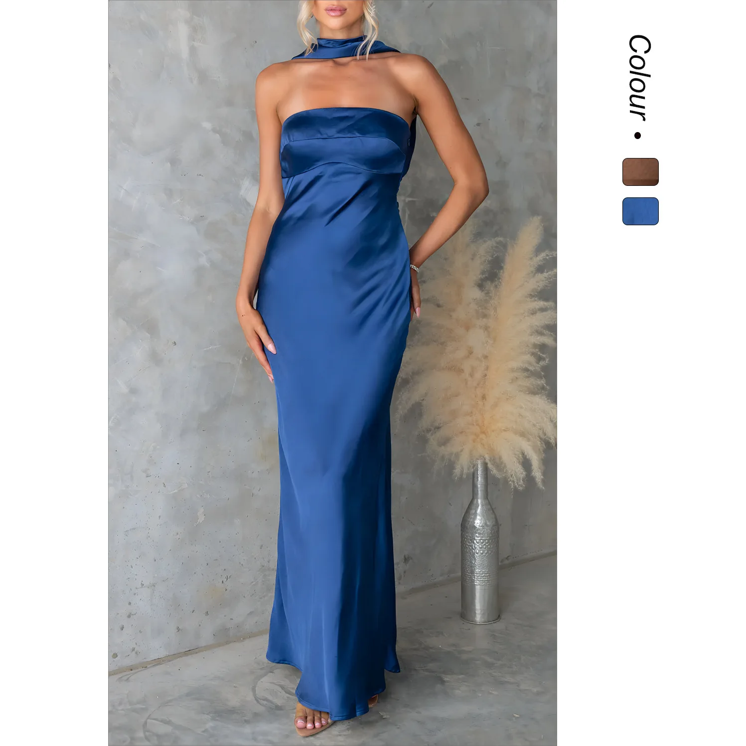 

25 Summer New Women's Sexy Halter Satin Fashion Silk Long Dress 68758 Summer Maxi Dress Elegant Midi Boho Femme