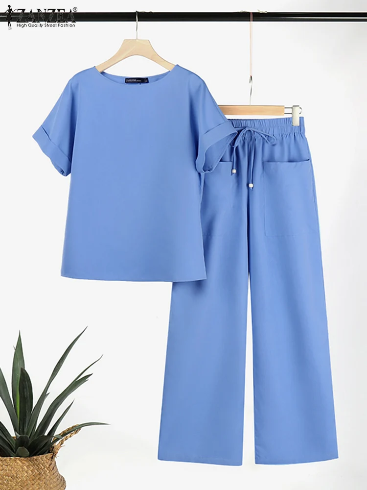 ZANZEA-Conjunto de blusa a juego para mujer, traje de pantalón de pierna ancha, informal, OL, trajes de trabajo, chándales elegantes, Verano