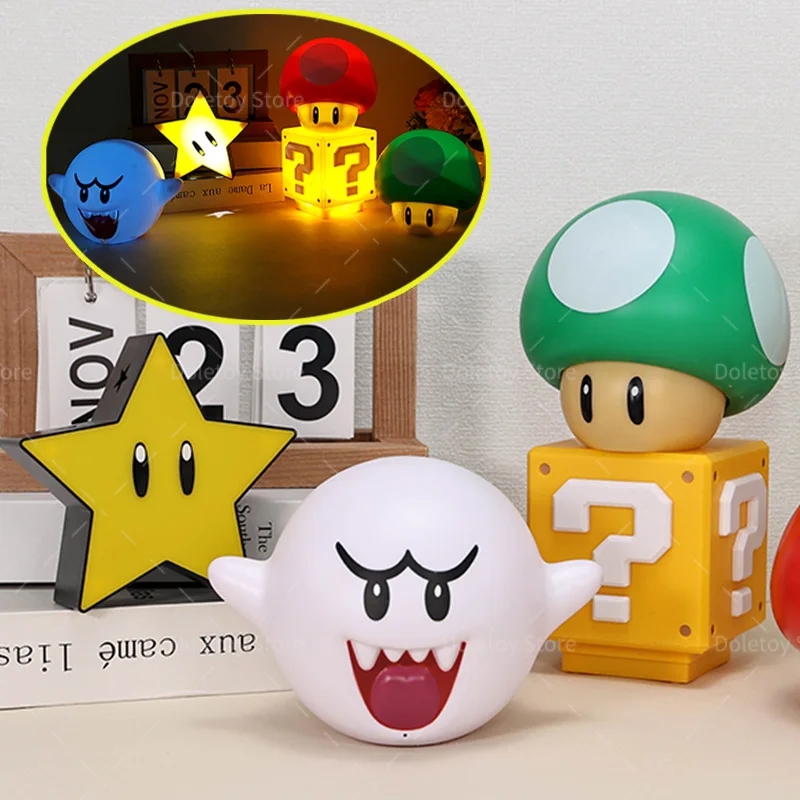 Mario Figure LED Night Light with Music LED Question Mark Block Mushroom Toad Boo Sound USB Charging Lamp Bedroom for Kid Gifts