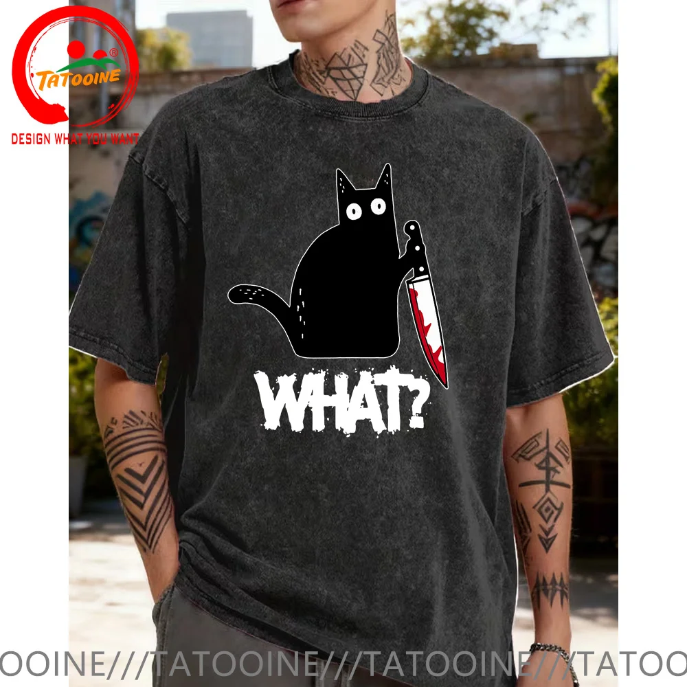 

Vintage Washed Cotton T Shirts Funny Cartoon Cat Printed Graphic Unisex T Shirt Men Cool Streetwear Men Tshirt Big Size Tee Tops