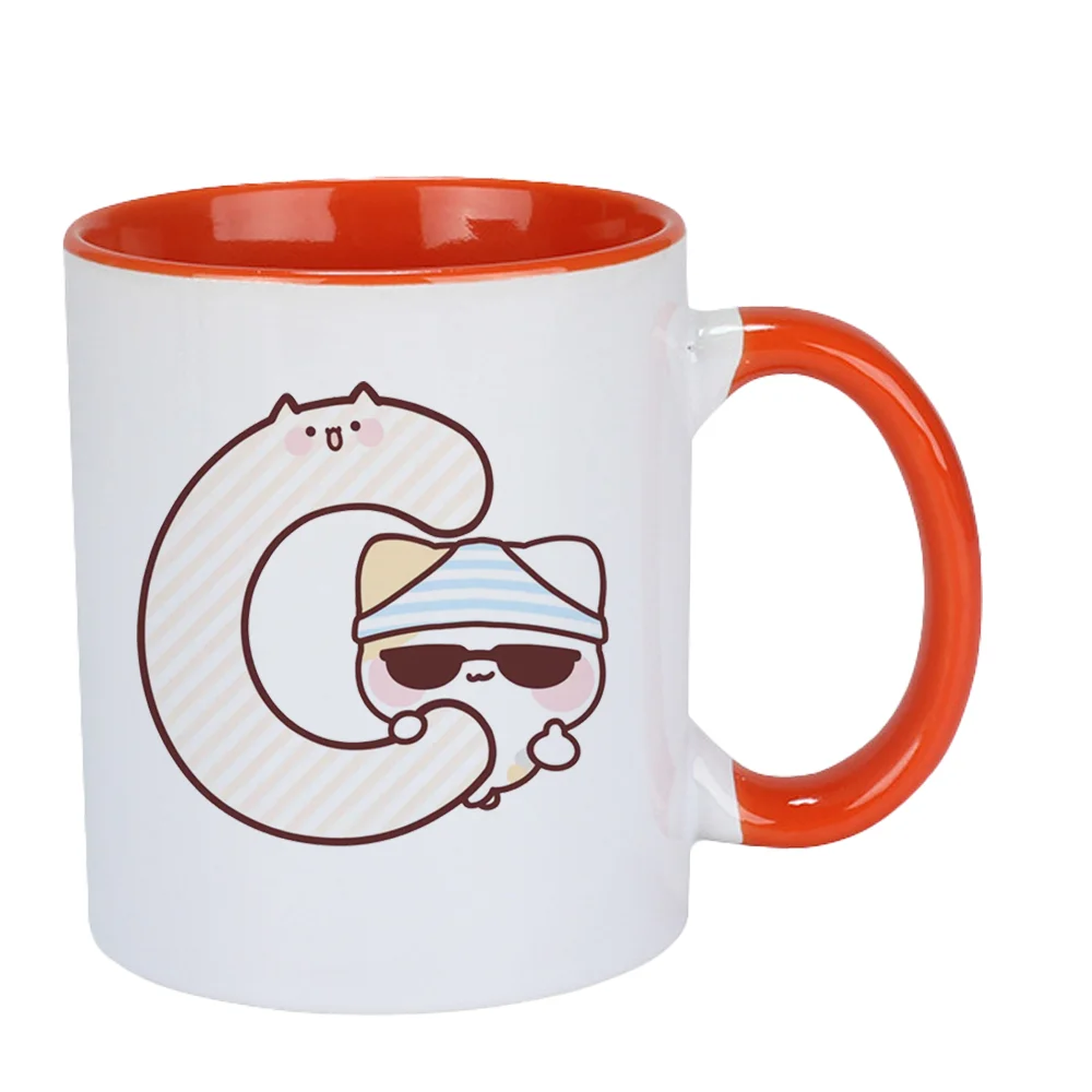 Cute Kawaii Cat Letter C Ceramic Mug Orange Interior Coffee Tea Cup Cartoon Animal Print Drinkware Home Office Gift For Her
