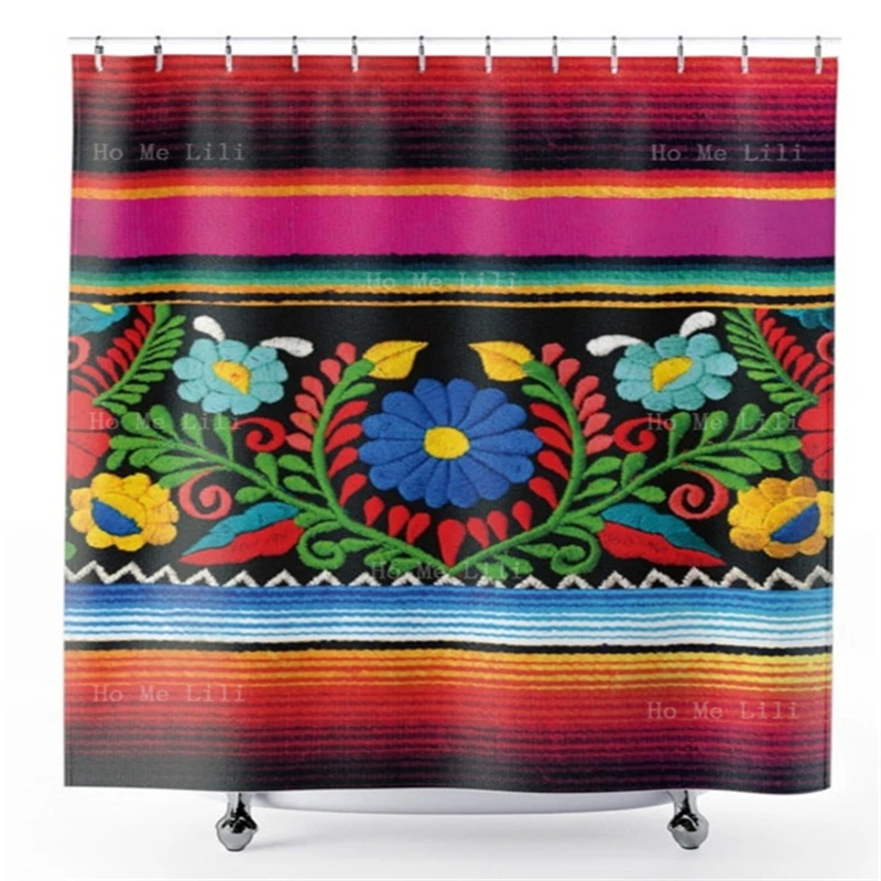 Mexican Spanish Style Stripes Southwest Mexico Flowers Poster Print Colorful Shower Curtains Polyester Durable