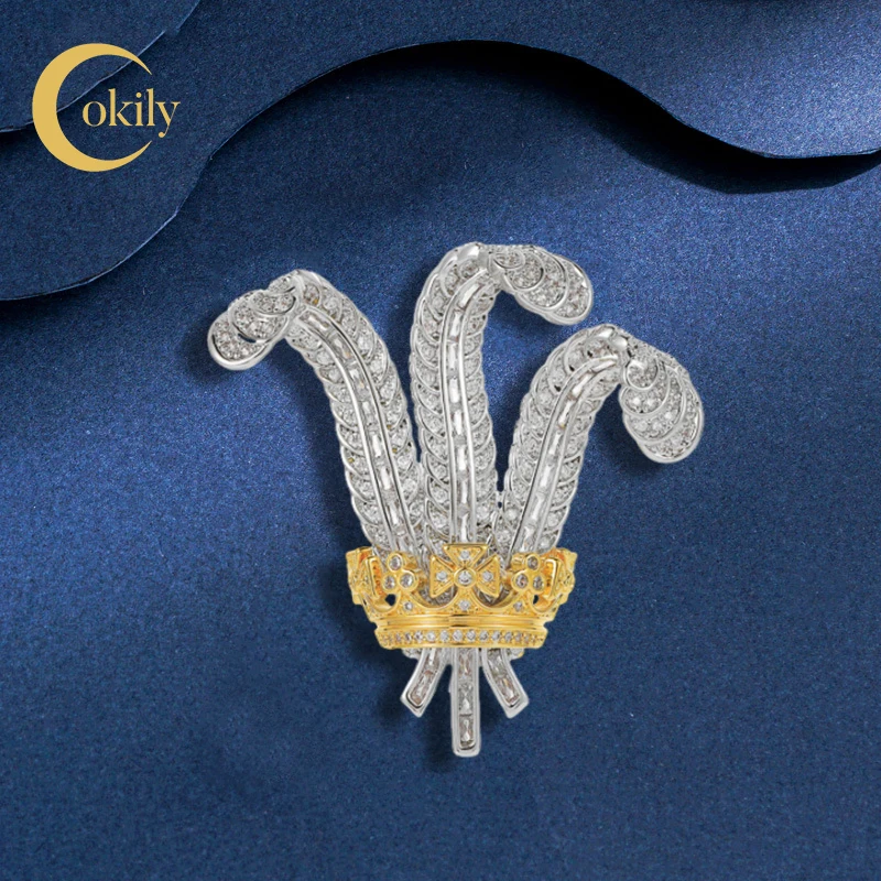 OKILY Retro Court Style Crystal Crown Chest Flower Brooches Elegant Zircon Feather pins Broche Decorativo De Ropa Woman Jewelry