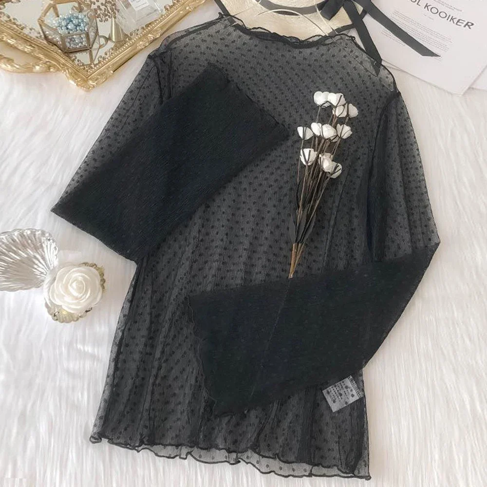 

Women Black White Apricot Female Bottoming Blouses Elastic Mesh Blouse S-4XL Girls Y2k Sheer Transparent T Shirt Tops Clothes