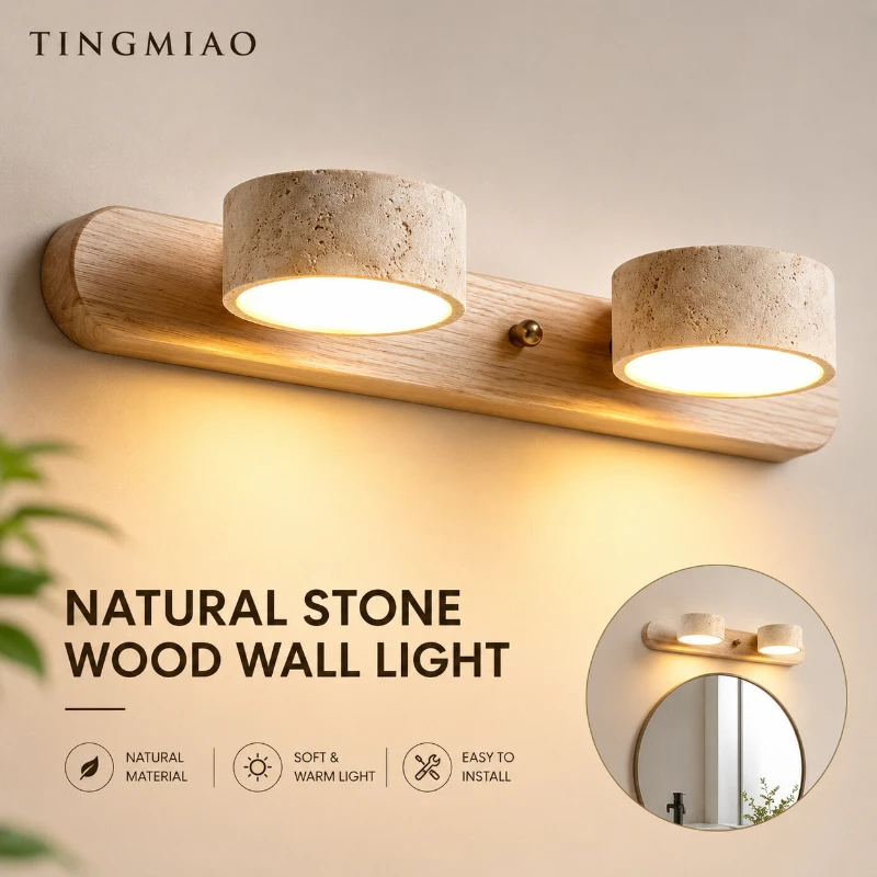 

Rotatable Spanish Natural Limestone Round LED Wall Lamp Double‑Sided Creative Vanity Mirror Headboard Bedroom Bathroom Decor