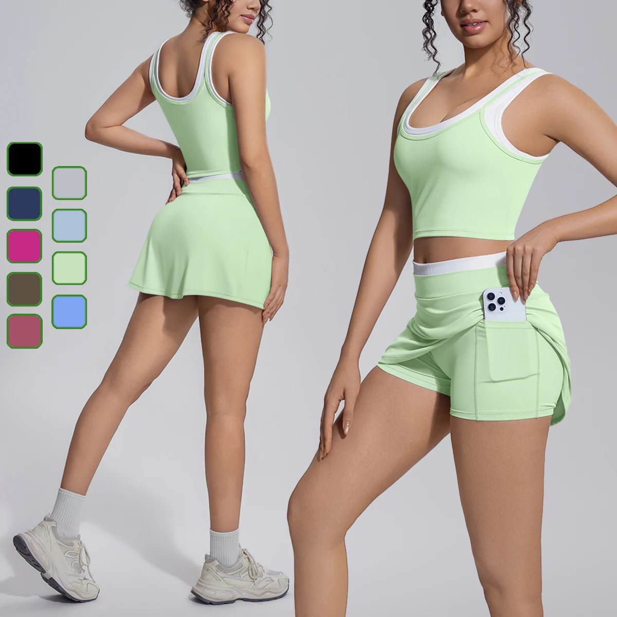 Hamidou Women Gym Clothing Yoga Set Shockproof Yoga Sport Vest with Chest Pad Color Blocking Hip Push Up Tennis Skirt Culottes